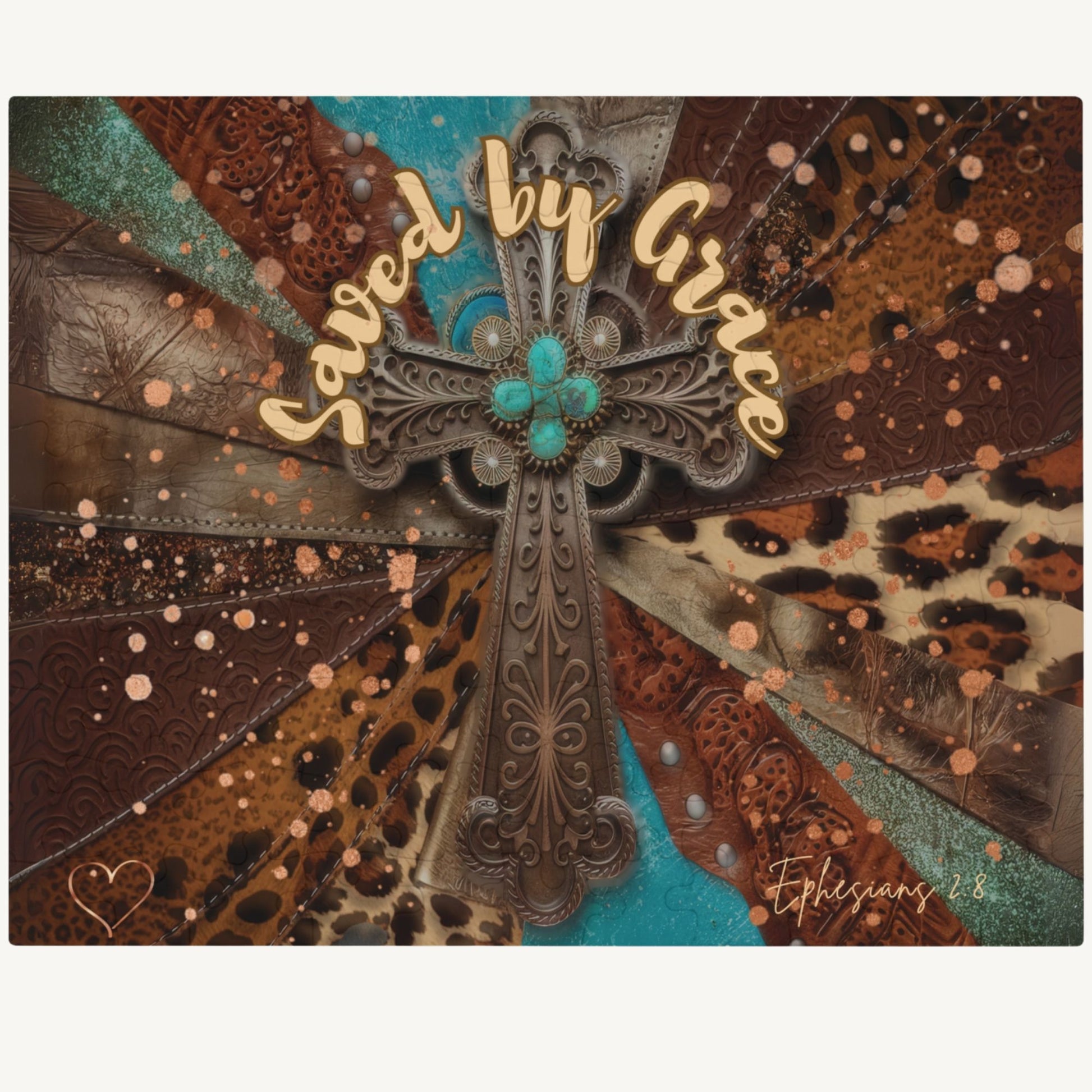 Decorative mat with cross design and 'Saved by Grace' text on a multicolored background.
