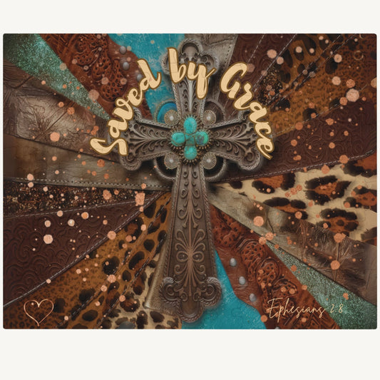 Decorative mat with cross design and 'Saved by Grace' text on a multicolored background.