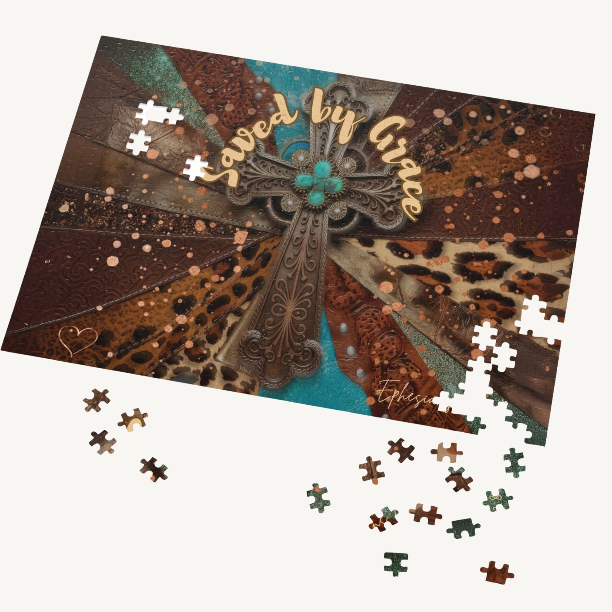 Western Christian Puzzle – Saved by Grace Turquoise Cross & Leopard Print Jigsaw Faith-Based Gift - Heavenly Treasures
