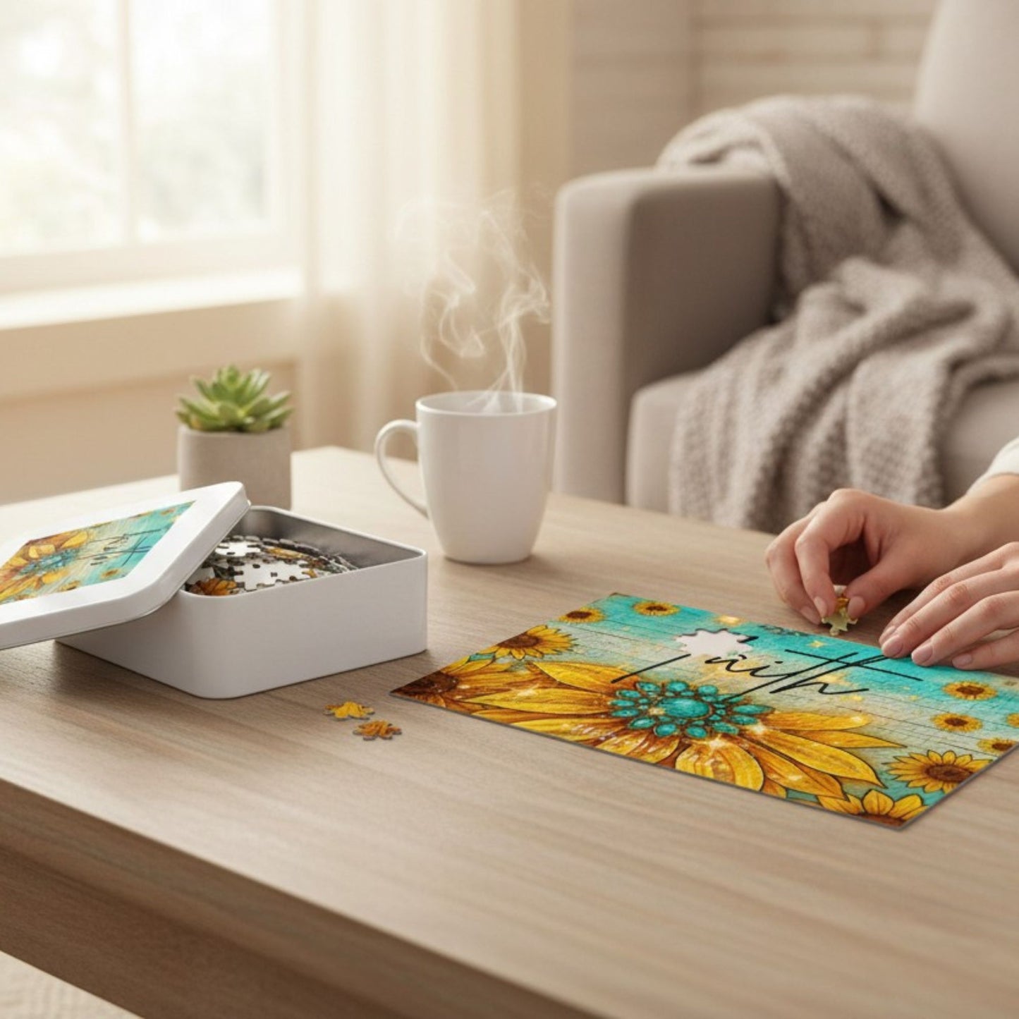 Faith Sunflower Puzzle – Hebrews 11:1 Scripture Jigsaw Turquoise Western Christian Puzzle - Heavenly Treasures