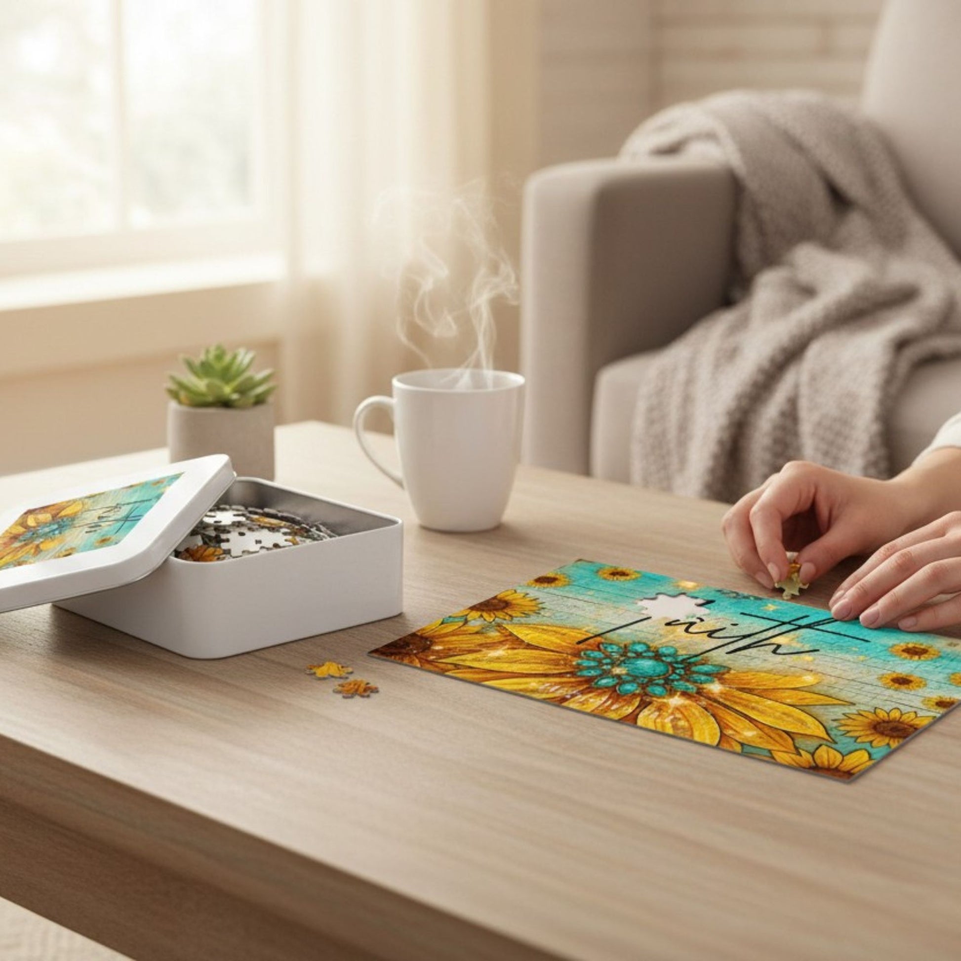 Faith Sunflower Puzzle – Hebrews 11:1 Scripture Jigsaw Turquoise Western Christian Puzzle - Heavenly Treasures