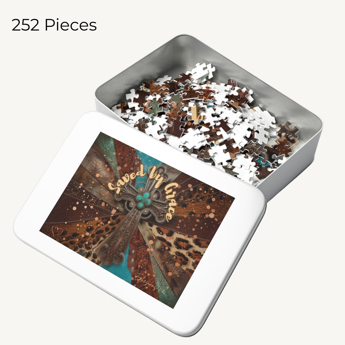 Jigsaw puzzle with 252 pieces in a decorative tin box on a white background
