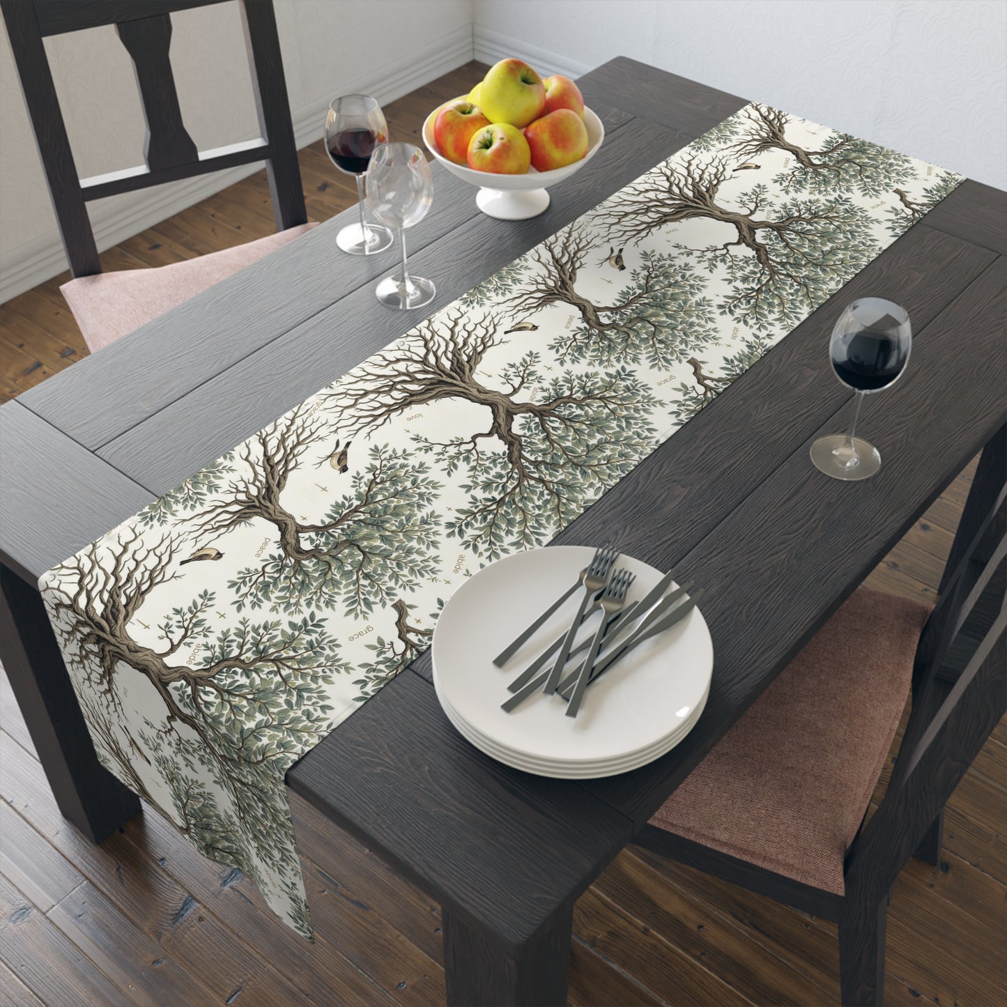 Grace Themed Home Accent Christian Table Runner Faith Dining Linen Inspirational Words Design Abide Peace Love Grace Text Botanical Tree Pattern Deep Roots Symbolism Cross Bird Details Cream Olive Brown Colors Perfect Kitchen Island Display