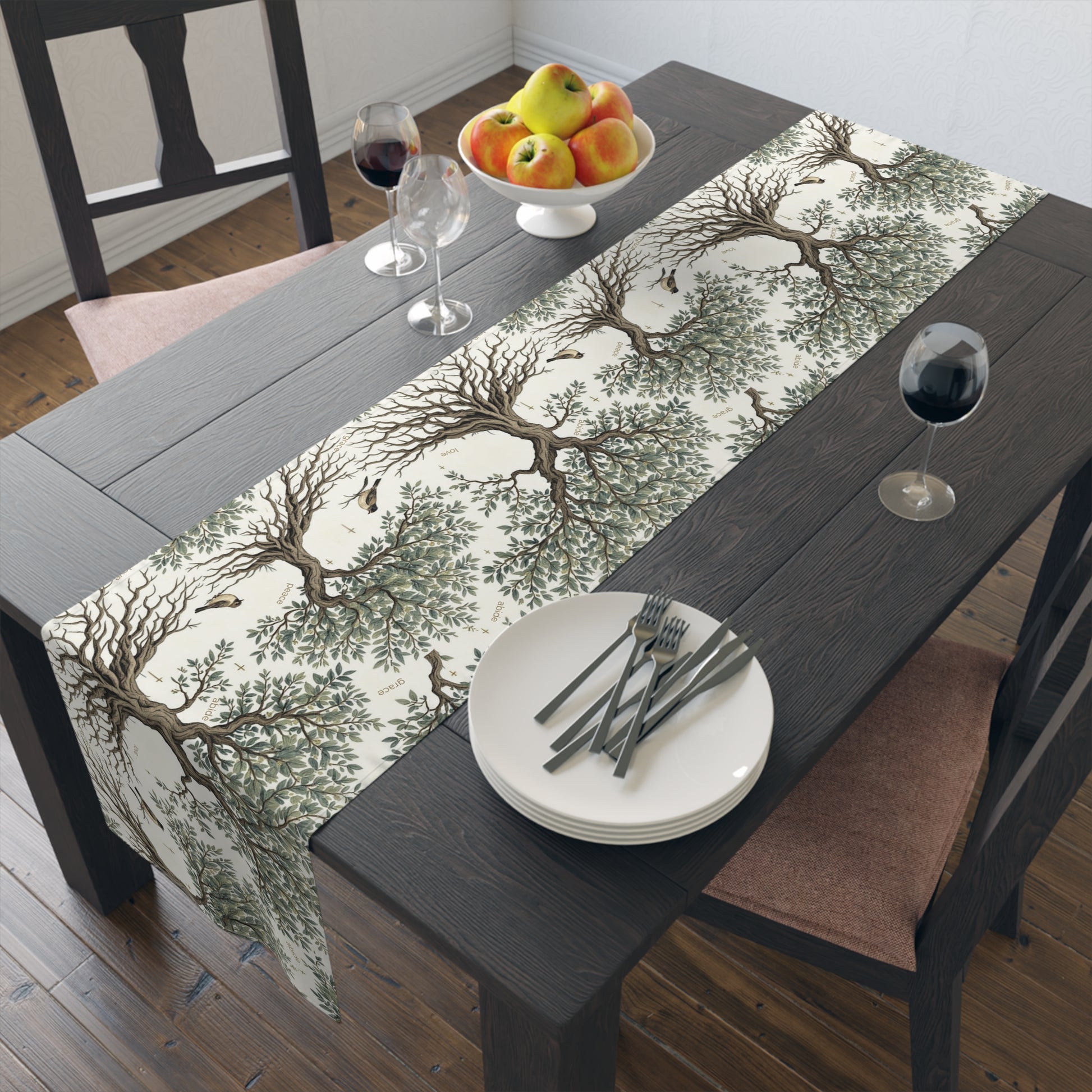 Grace Themed Home Accent Christian Table Runner Faith Dining Linen Inspirational Words Design Abide Peace Love Grace Text Botanical Tree Pattern Deep Roots Symbolism Cross Bird Details Cream Olive Brown Colors Perfect Kitchen Island Display