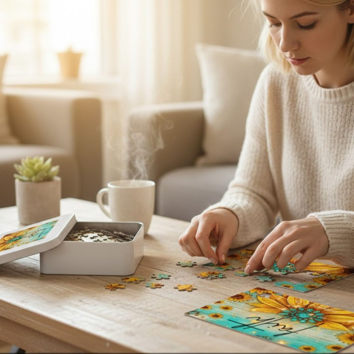 Faith Sunflower Puzzle – Hebrews 11:1 Scripture Jigsaw Turquoise Western Christian Puzzle - Heavenly Treasures