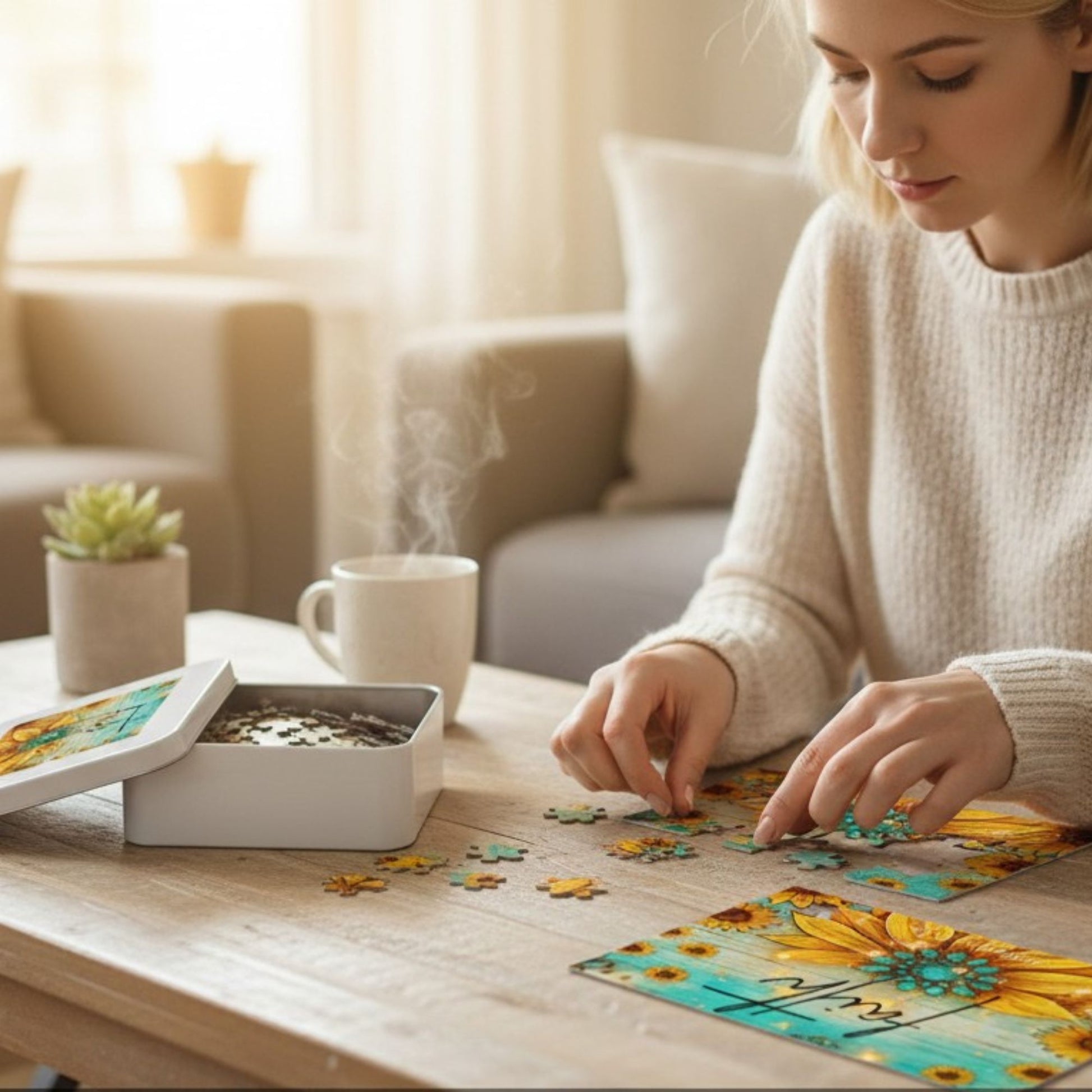 Faith Sunflower Puzzle – Hebrews 11:1 Scripture Jigsaw Turquoise Western Christian Puzzle - Heavenly Treasures