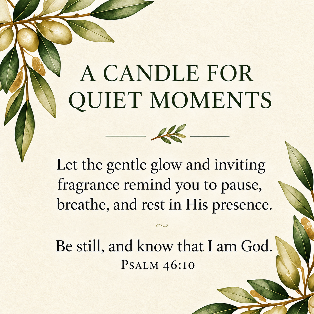 A Candle for Quiet Moments text panel with Psalm 46:10 and watercolor olive branch design