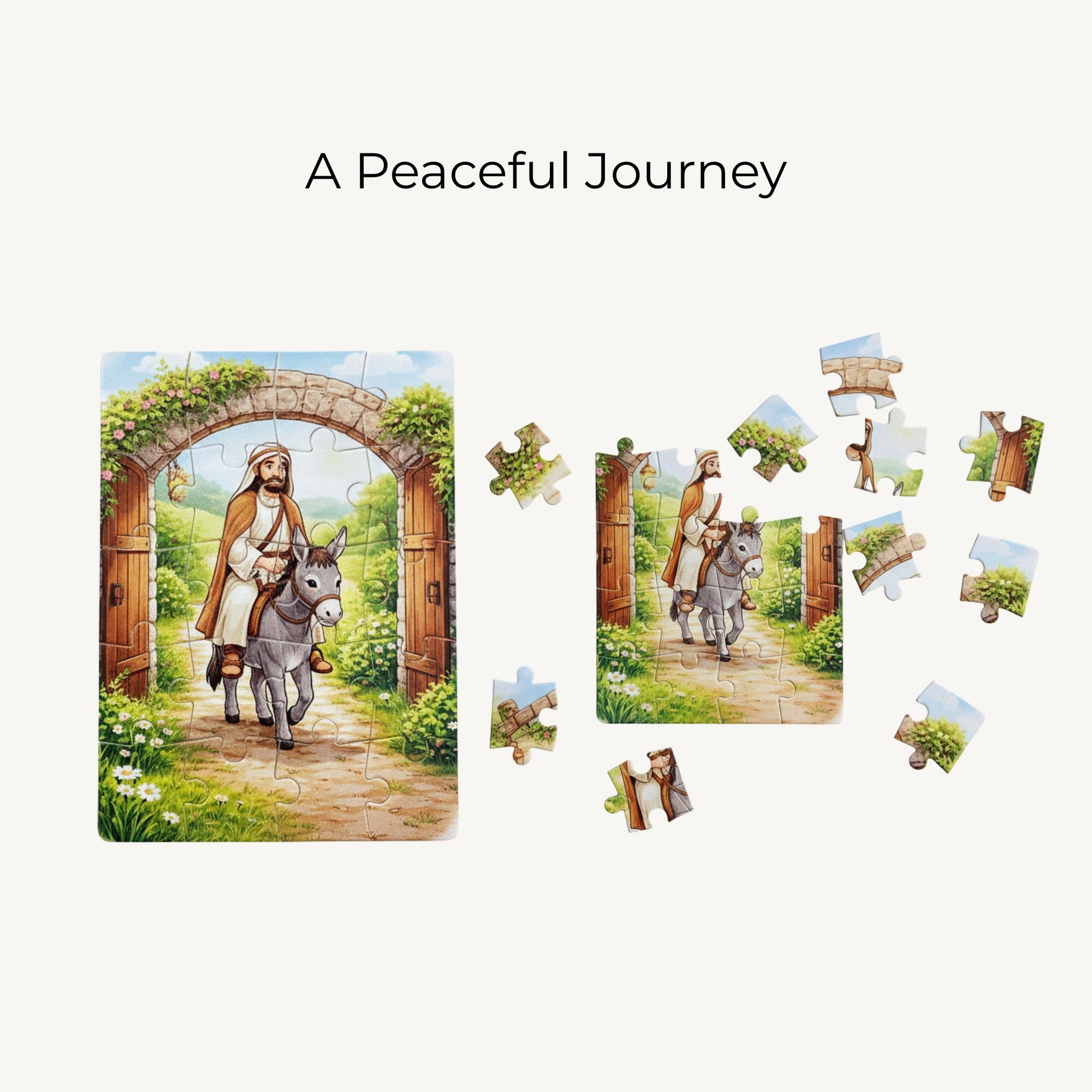 Jigsaw puzzle with a religious theme featuring a man and donkey, labeled 'A Peaceful Journey'.