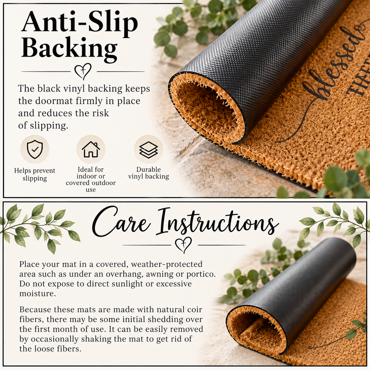 Christian coir doormat information graphic showing textured black non-slip vinyl backing and care instructions for covered outdoor use.