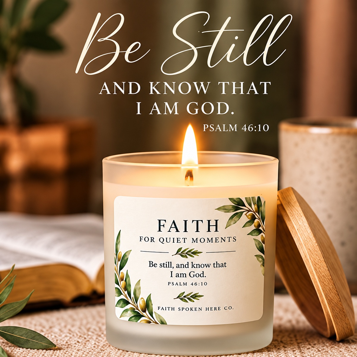 A lit glass candle jar with a wooden lid beside it, set on a textured surface with an open book and warm blurred background. The front label reads “FAITH FOR QUIET MOMENTS” and includes the scripture “Be still and know that I am God.