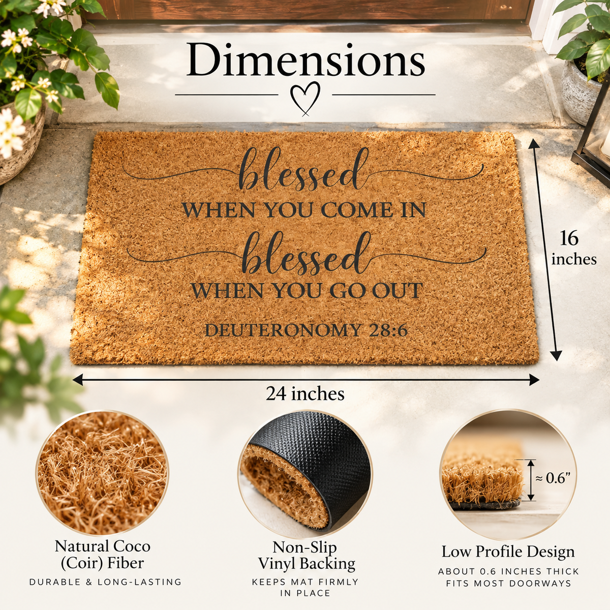Blessed Coming and Going Christian doormat size guide showing 24 inch width and 16 inch depth, natural coir fibers and non-slip backing.