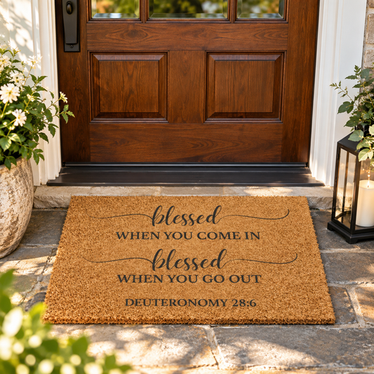 Natural coir Christian doormat featuring Blessed When You Come In, Blessed When You Go Out from Deuteronomy 28:6 at a welcoming wooden front door.