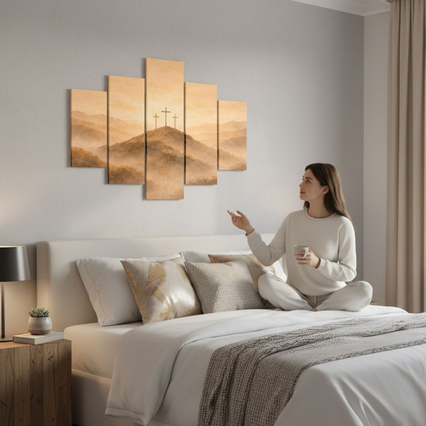 Faith inspired Calvary cross digital wall art displayed in a calm neutral living space