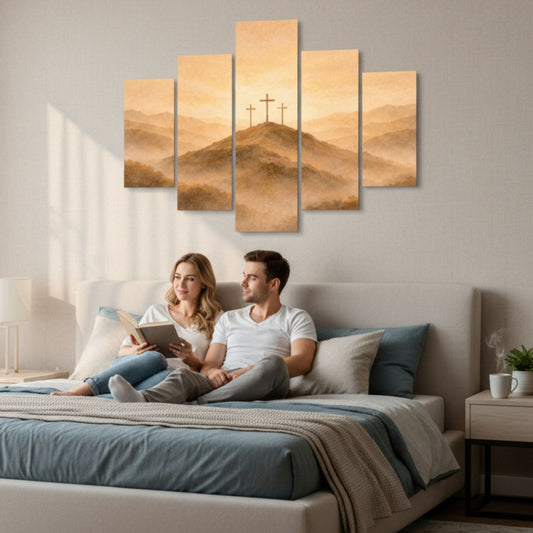 Christian Calvary Mountain digital wall art displayed above a bed in a peaceful bedroom setting