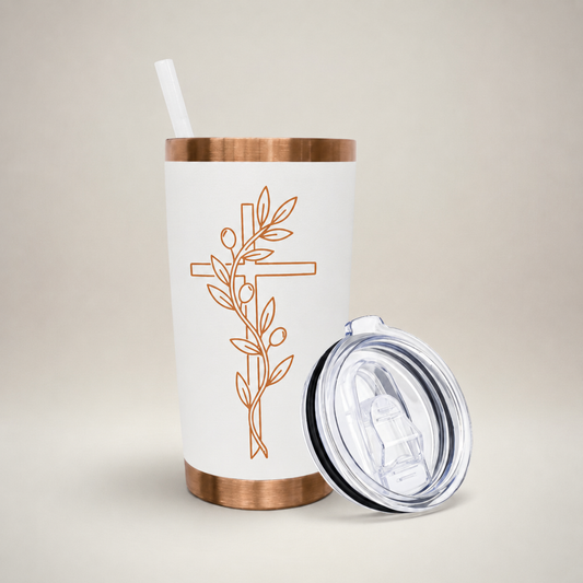 Christian Tumbler Gift For Woman Faith Inspired Olive Branch Cross Design Copper Tone Blue Finish Religious Drinkware Daily Devotional Use Spiritual Encouragement Present Church Ministry Gift Idea Inspirational Beverage Container Women