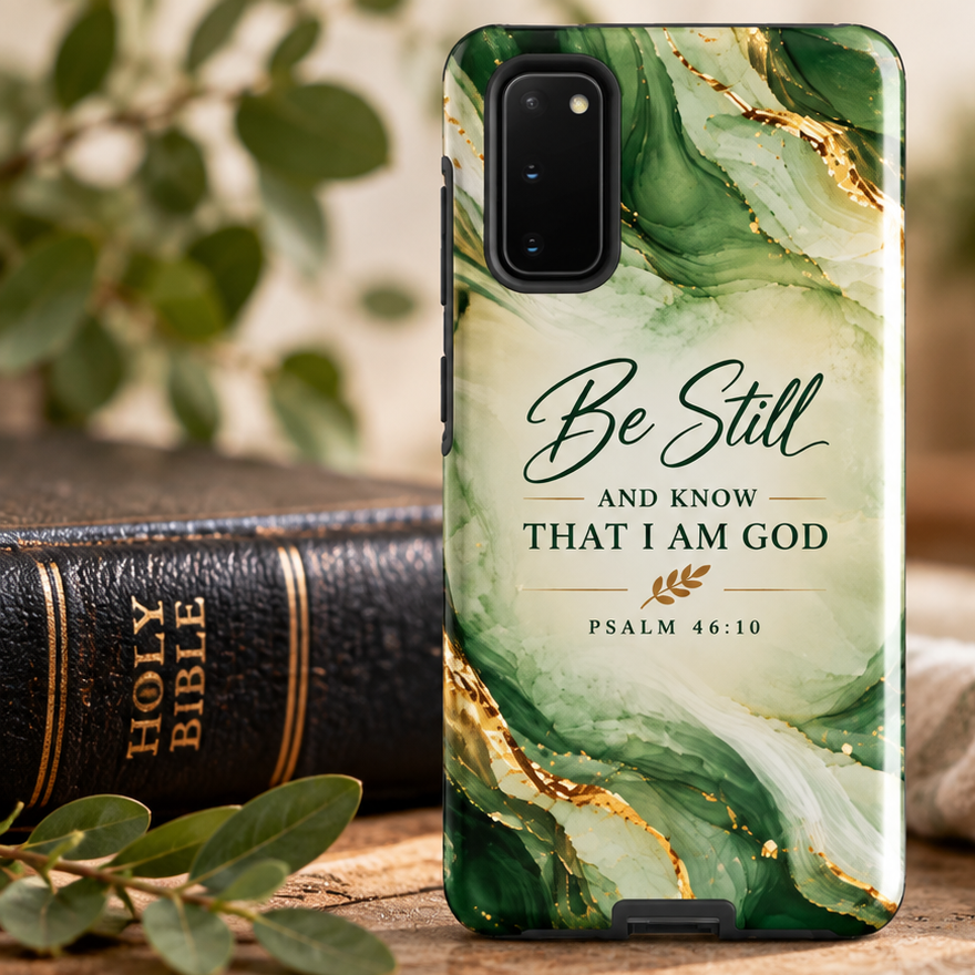 Green botanical Samsung Galaxy case with ‘Be still and know’ Scripture artwork, a Bible close by against a leafy background