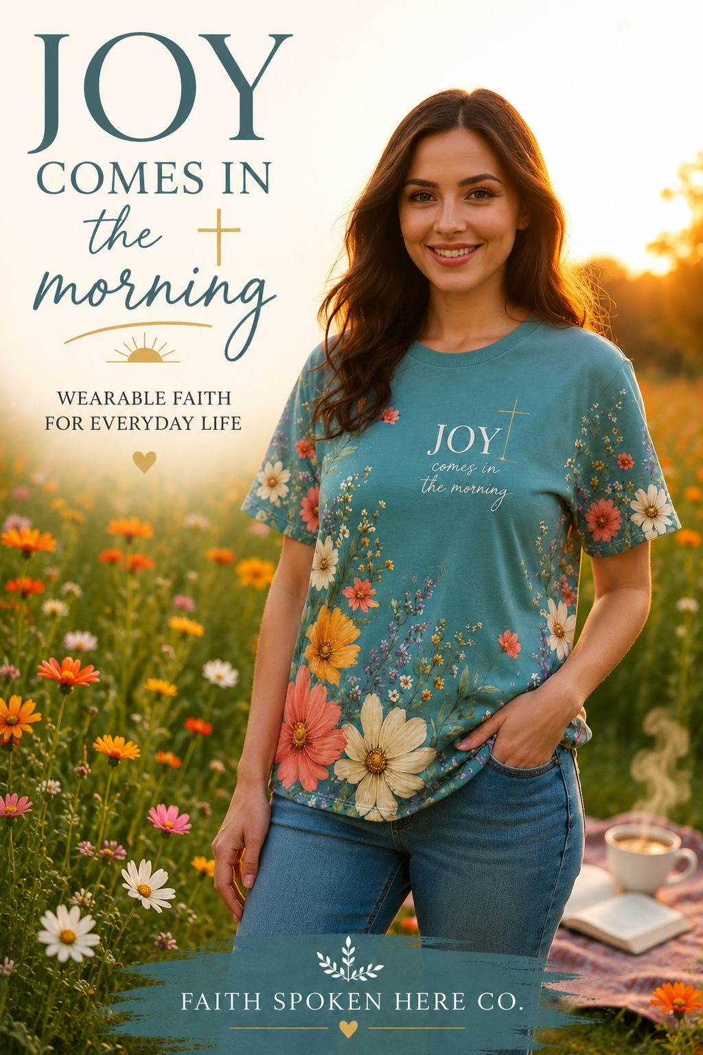 Model wearing the Joy Comes in the Morning tee outdoors