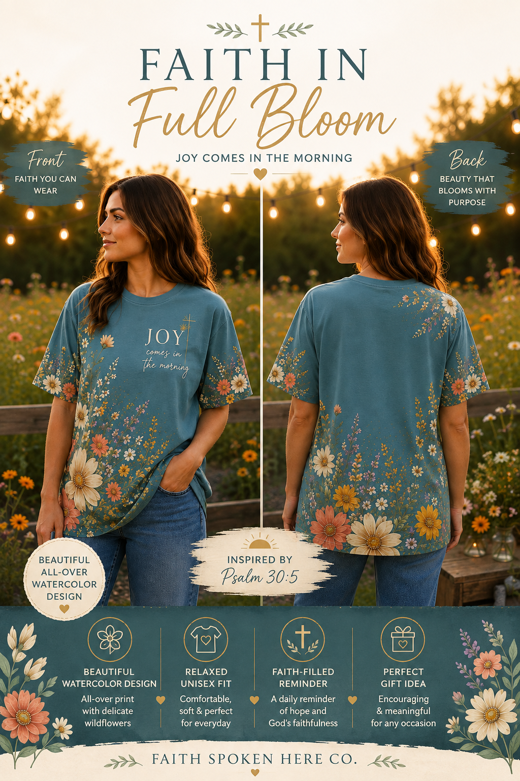 Front and back views of the Joy Comes in the Morning tee