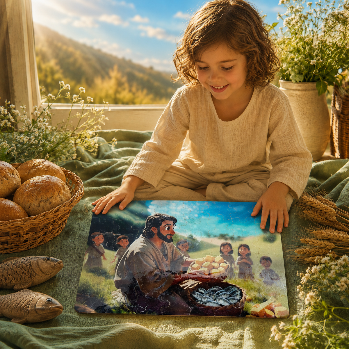 A young child sits on a green blanket outdoors, holding a colorful square art print or painting that depicts a rustic scene with figures around a fire. The setting includes bread in a basket, wheat stalks, fish-shaped decor, flowers, and a sunlit outdoor background with hills and sky.