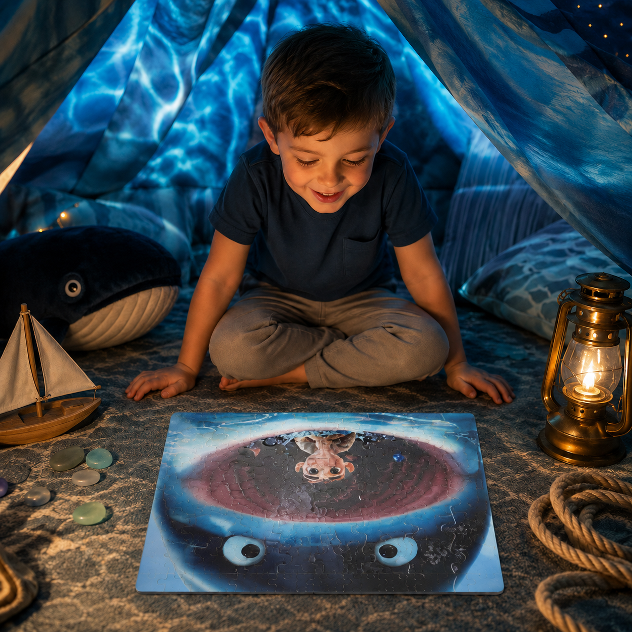 A young boy sits cross-legged inside a blue whale-themed play tent, looking at a whale puzzle on the floor. The scene is decorated with a whale plush toy, a brass lantern, a small sailboat, and ropes, creating a cozy, nighttime play environment.