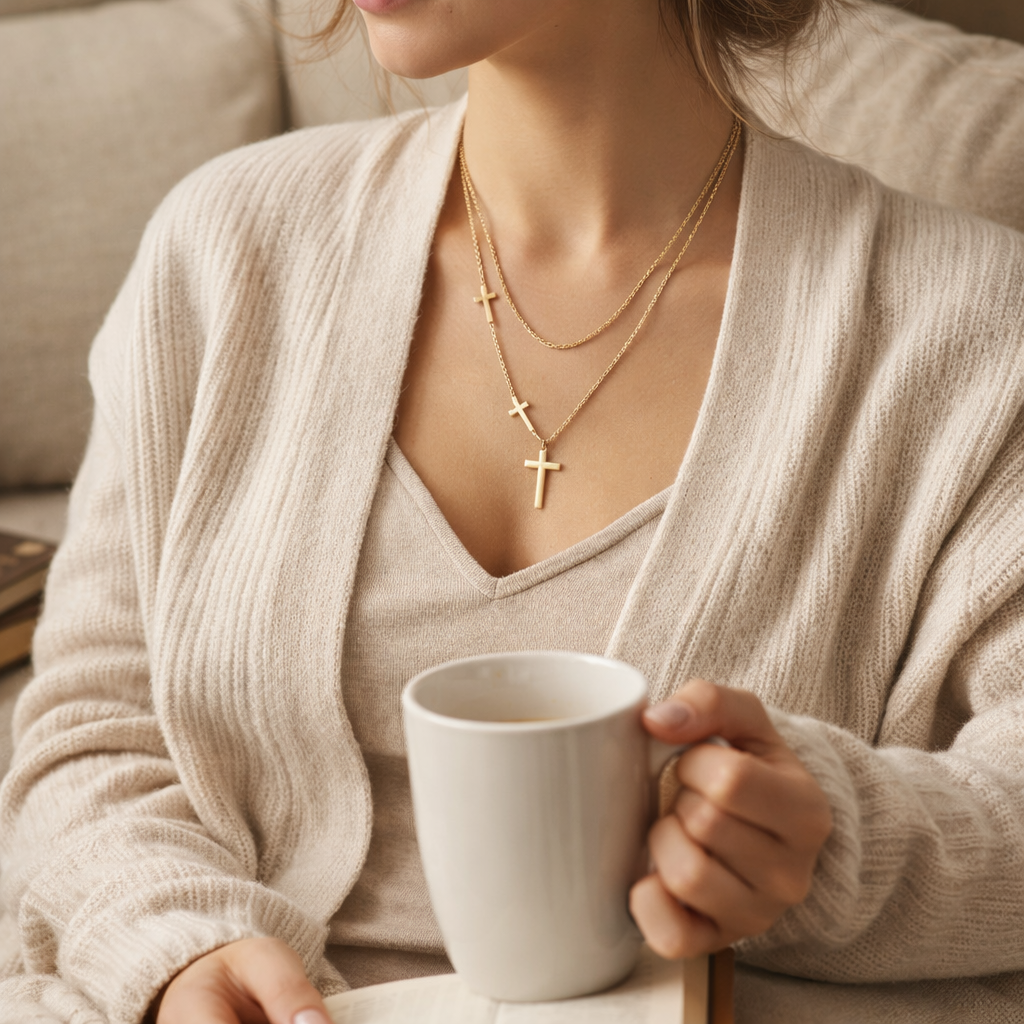 Faith Over Fear Layered Cross Necklace – Gold Plated Christian Keepsake Gift - Heavenly Treasures