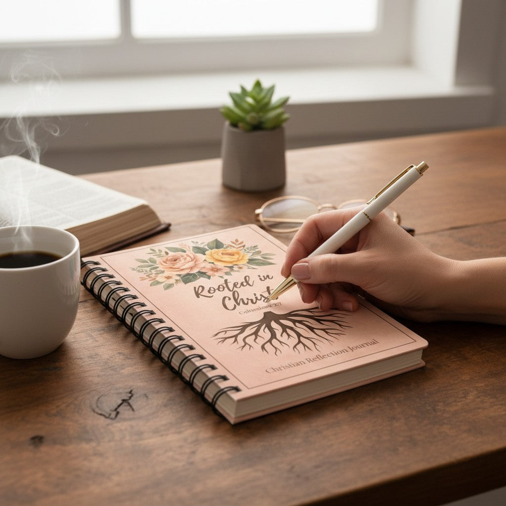 Person writing in a journal titled 'Rooted in Christ' on a wooden table with a cup of coffee and plant in the background.
