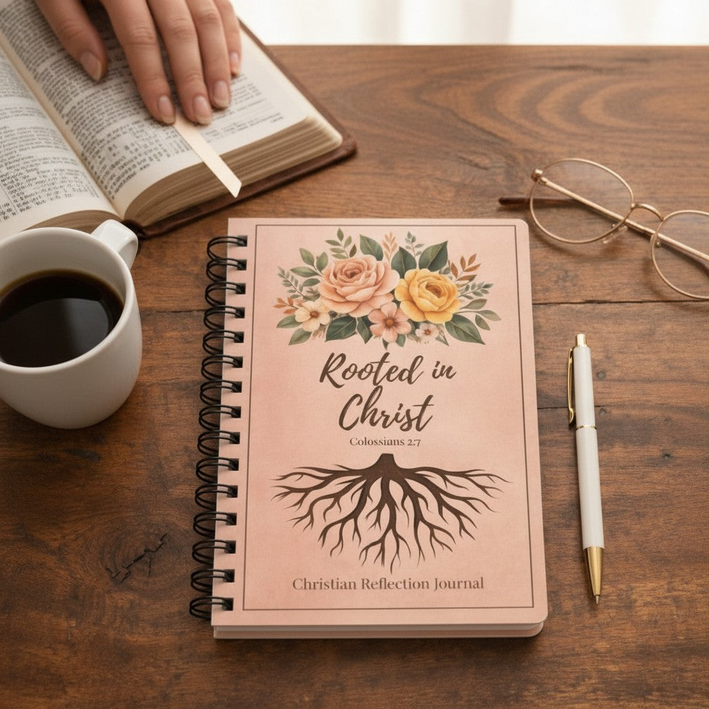 Notebook titled 'Rooted in Christ' on a wooden table with a cup of coffee, pen, and glasses.