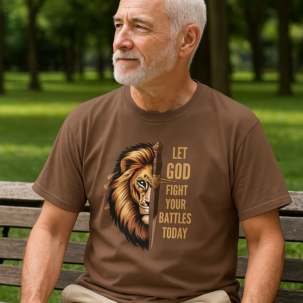 Man sitting on a bench wearing a brown t-shirt with a lion graphic and text.