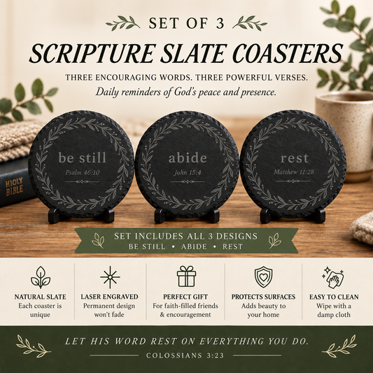 Scripture Slate Coaster Set – Engraved Bible Verse Christian Home Gift