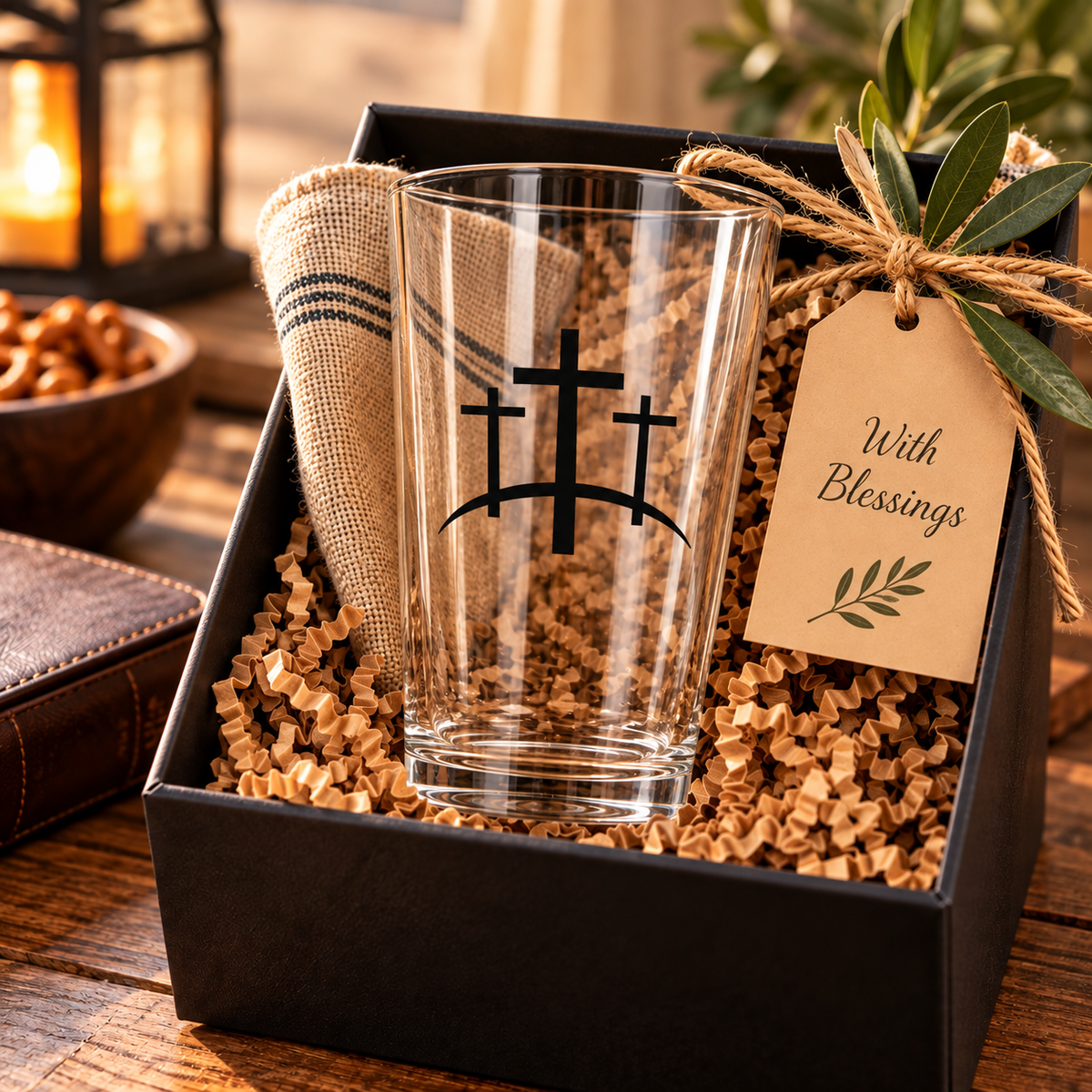 Calvary Cross pint glass in a gift box with a gift tag