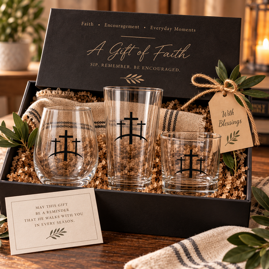 Calvary Cross pint, stemless wine, and rocks glasses together in a gift box