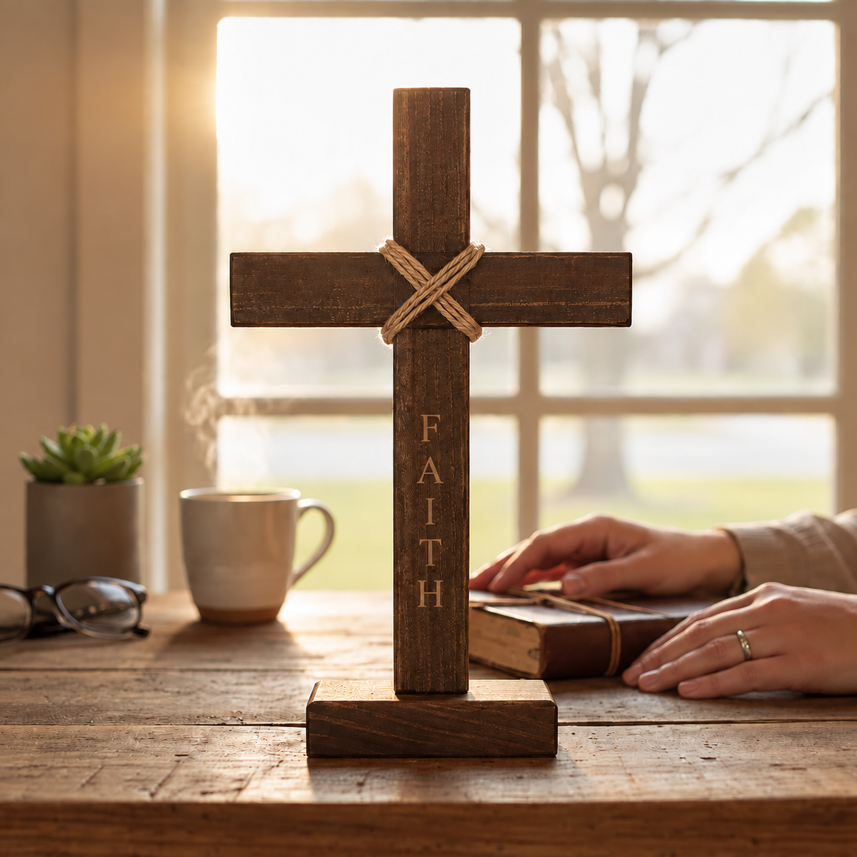Rustic brown tabletop cross engraved with Faith