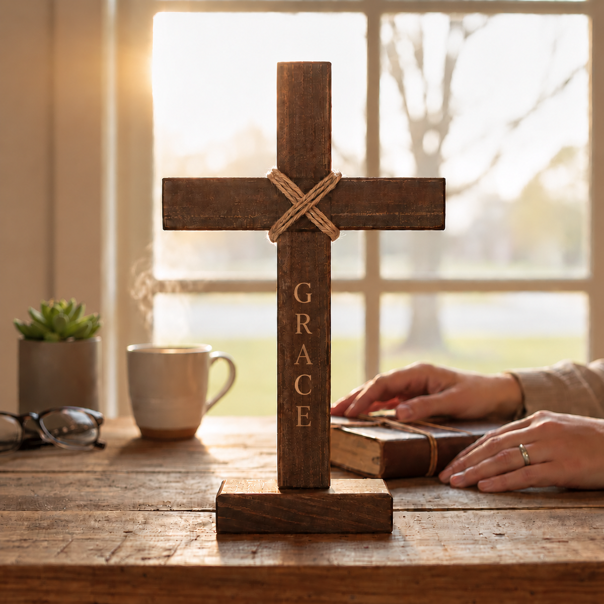 Rustic brown tabletop cross engraved with Grace