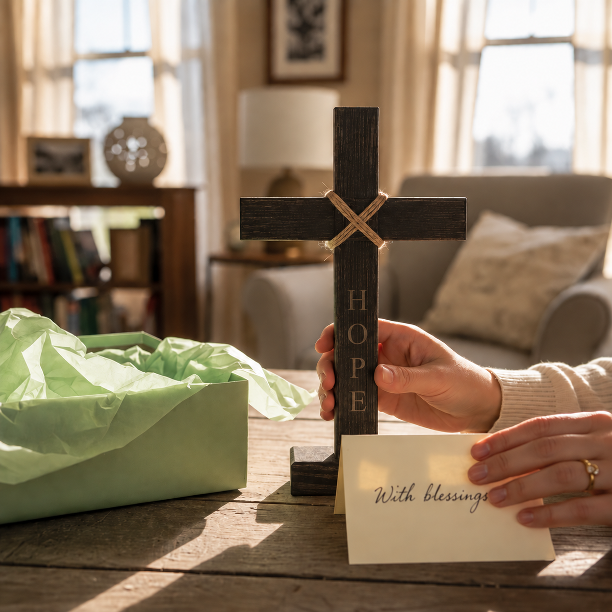 Charred wood tabletop cross engraved with HOPE