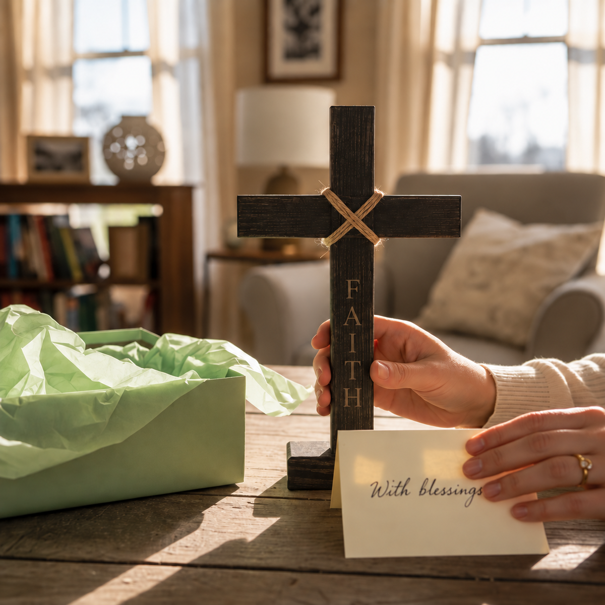 Charred wood tabletop cross engraved with FAITH