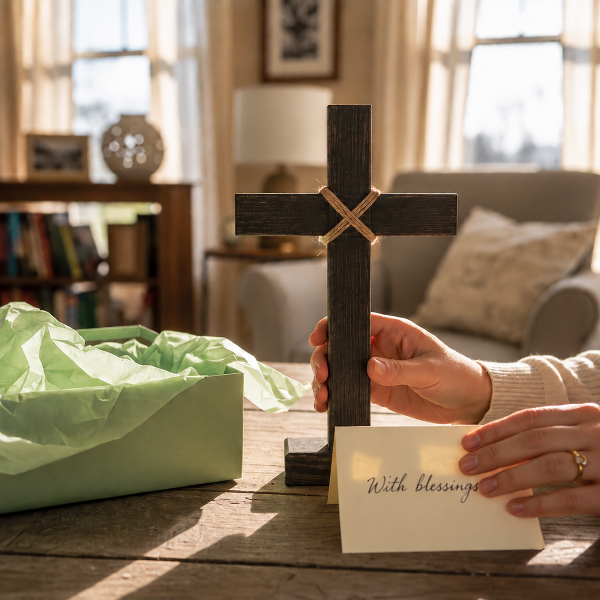 Charred wood tabletop cross with no engraving