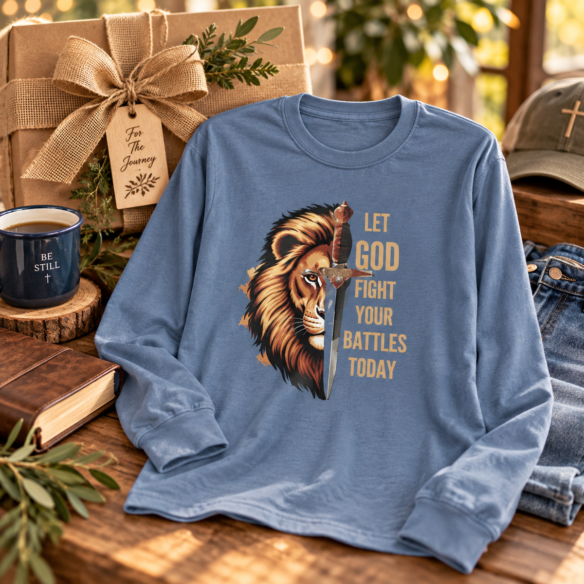 gifting image for the blue jean colored Let God Fight Your battles today long sleeve tee