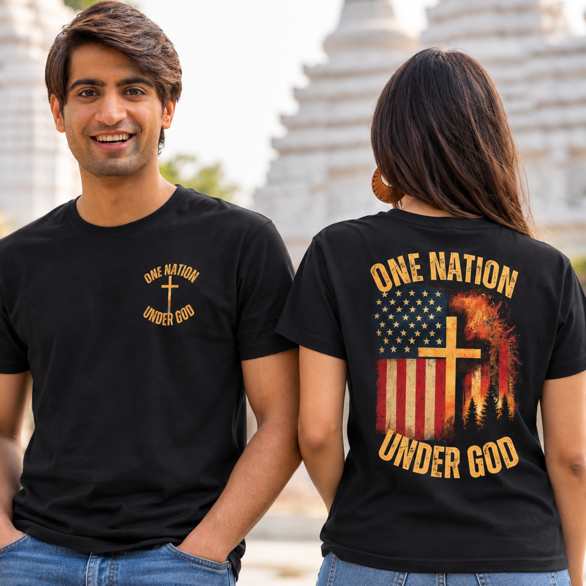 Two people wearing the One Nation Under God shirt, showing the front and back designs