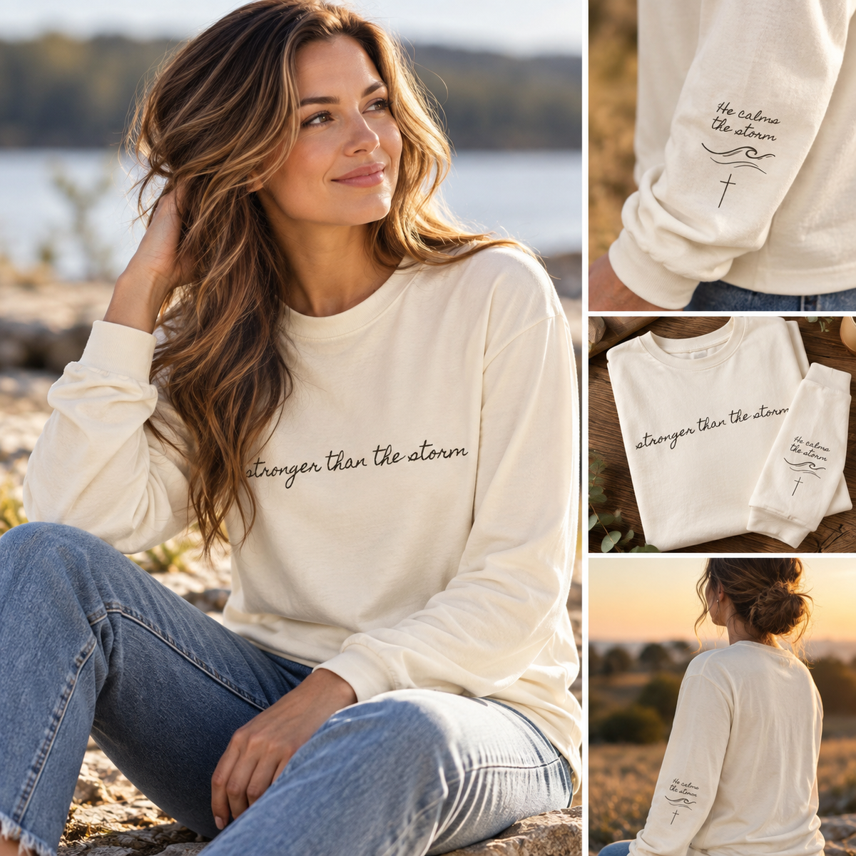 Model wearing the Stronger Than the Storm shirt on a beach, alongside close-up sleeve and flat-lay views of the design.