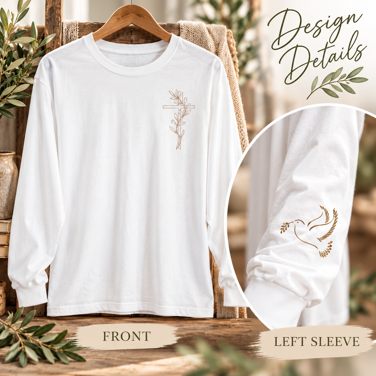 Front olive branch cross and sleeve dove detail on the Olive Branch Cross & Dove long-sleeve tee