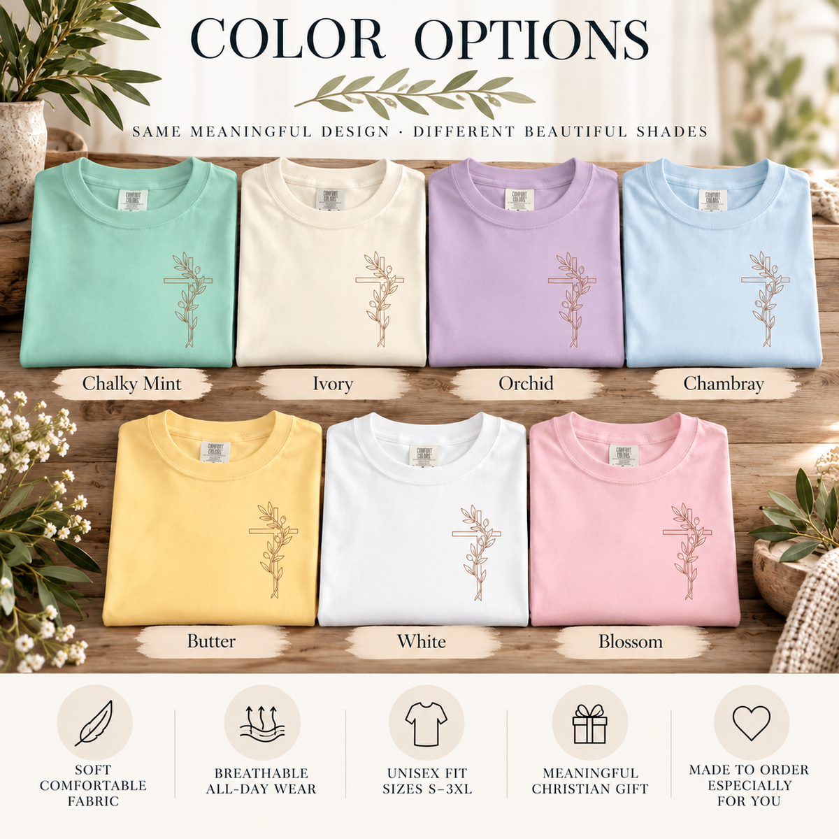 Available colors for the Olive Branch Cross & Dove long-sleeve tee