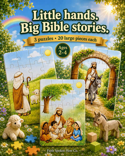 Front cover of a children's puzzle book titled "Little hands. Big Bible stories.