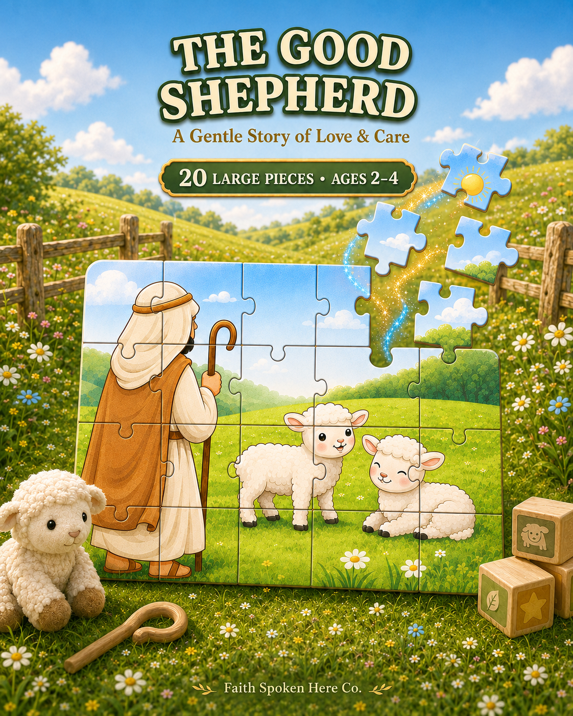 A children's jigsaw puzzle cover titled "The Good Shepherd: A Gentle Story of Love & Care" showing a pastoral meadow scene with a shepherd, two white lambs, flowers, a wooden fence, and a partially assembled puzzle piece. The cover also includes a plush lamb toy, a wooden shepherd's crook, and wooden blocks on a grassy field background.