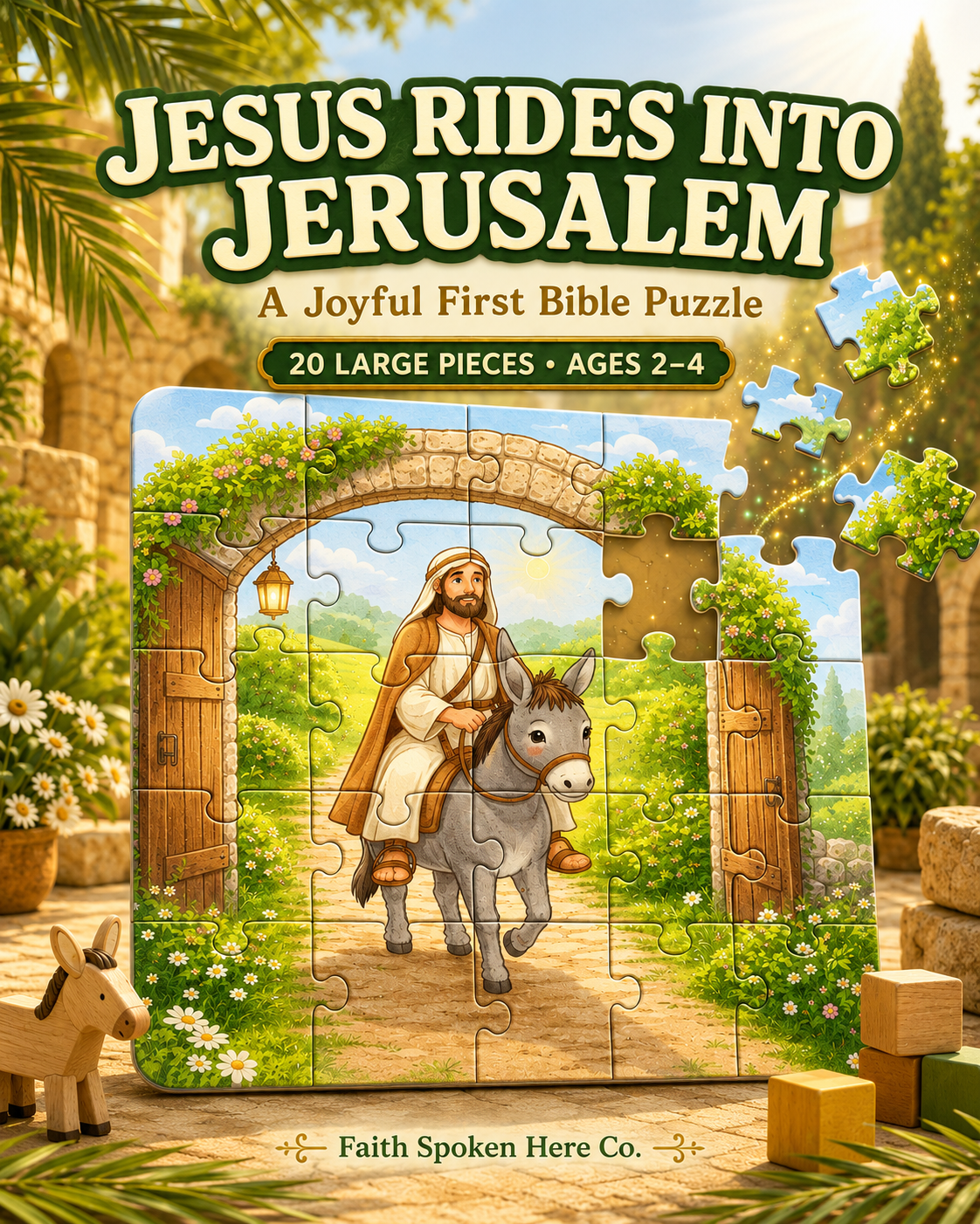 Cover of a children's Bible puzzle titled 'Jesus Rides Into Jerusalem' showing a completed illustrated puzzle of Jesus riding a donkey under a vine-covered stone arch, with loose puzzle pieces and blocks around it. The text reads 'A Joyful First Bible Puzzle,' '20 large pieces,' 'ages 2-4,' and 'Faith Spoken Here Co.
