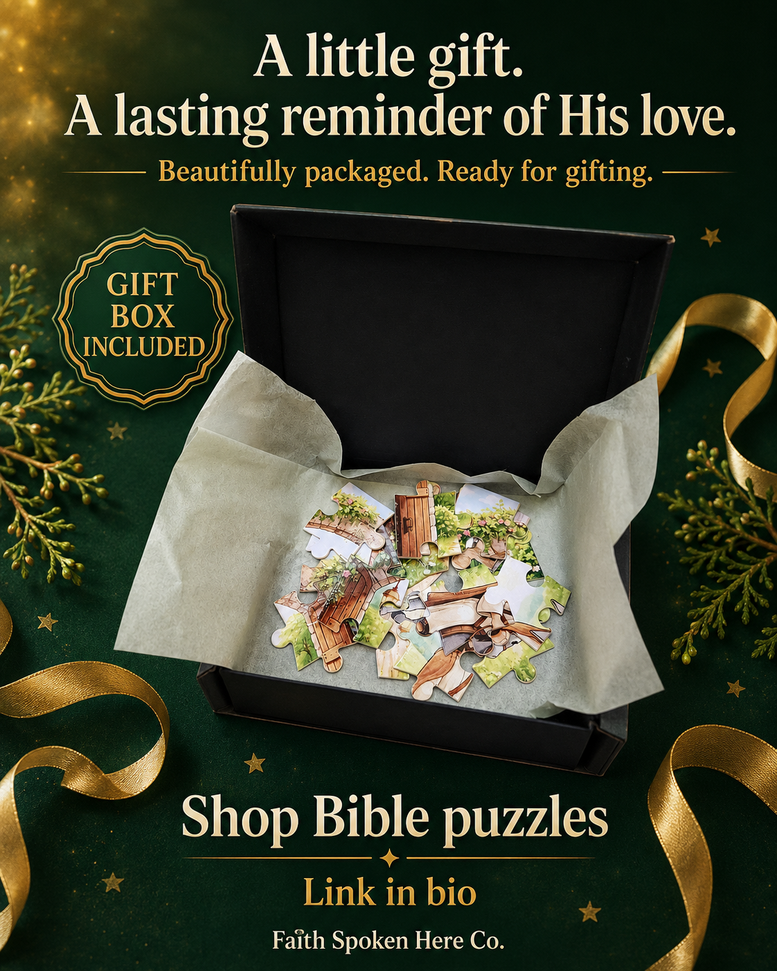 An open black gift box lined with tissue paper, containing a colorful Bible puzzle set, on a dark green background with gold ribbons and decorative text. The text reads: 'A little gift.