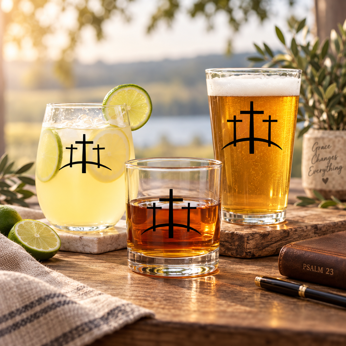 Calvary Cross Glass Bundle – Faith at the Table Set of 3