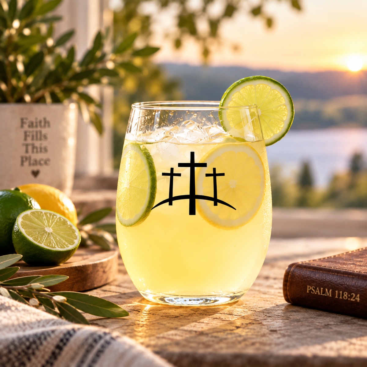 Calvary Cross Stemless Wine Glass | Christian Glassware with Raised UV Print