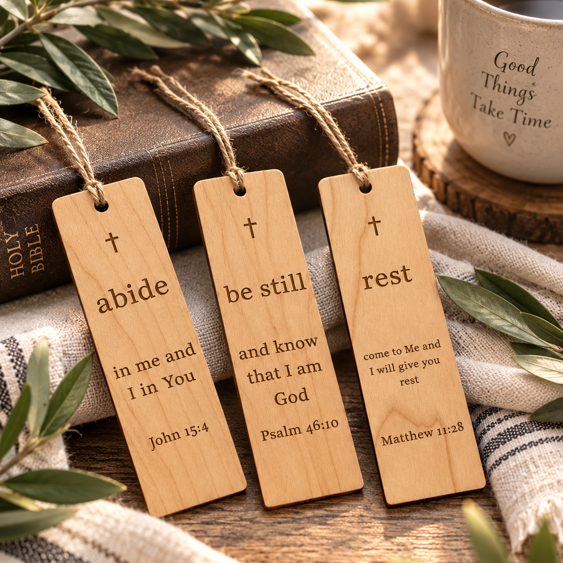 Wooden Bible Bookmark Engraved Scripture Design Cherry Maple Wood Choice Handcrafted Christian Reading Gift Olive Wood Bead Detail Laser Engraved Faith Prayer Words Perfect Church Gift Daily Devotional Reading Bible Study Group Present