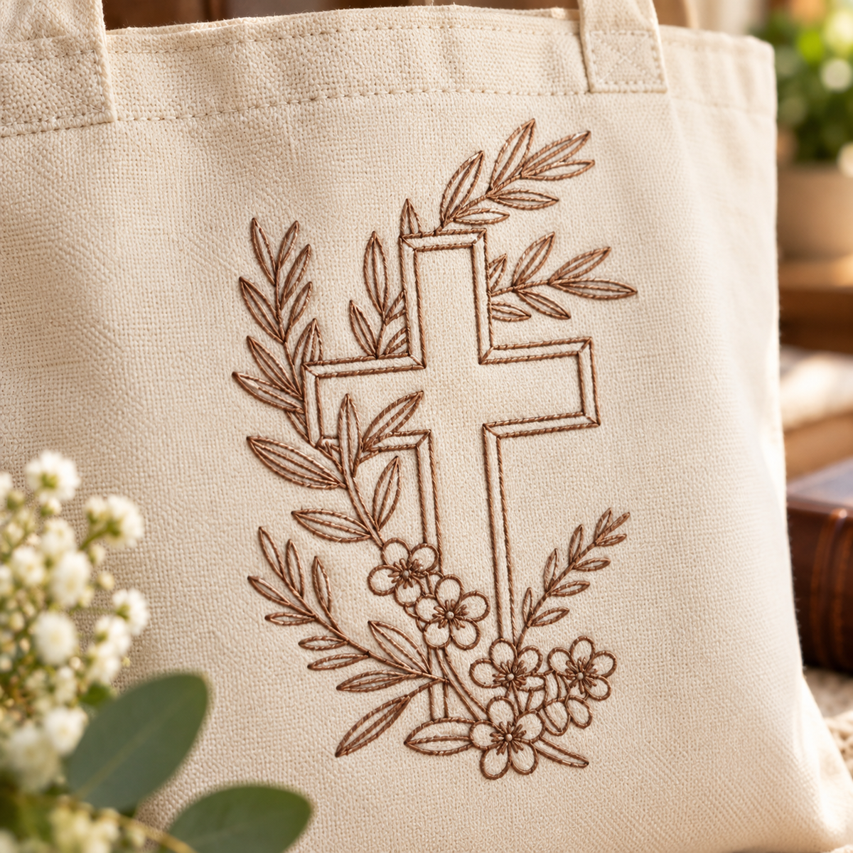 Close-up of brown cross, leafy branches, and floral embroidery on cream canvas.