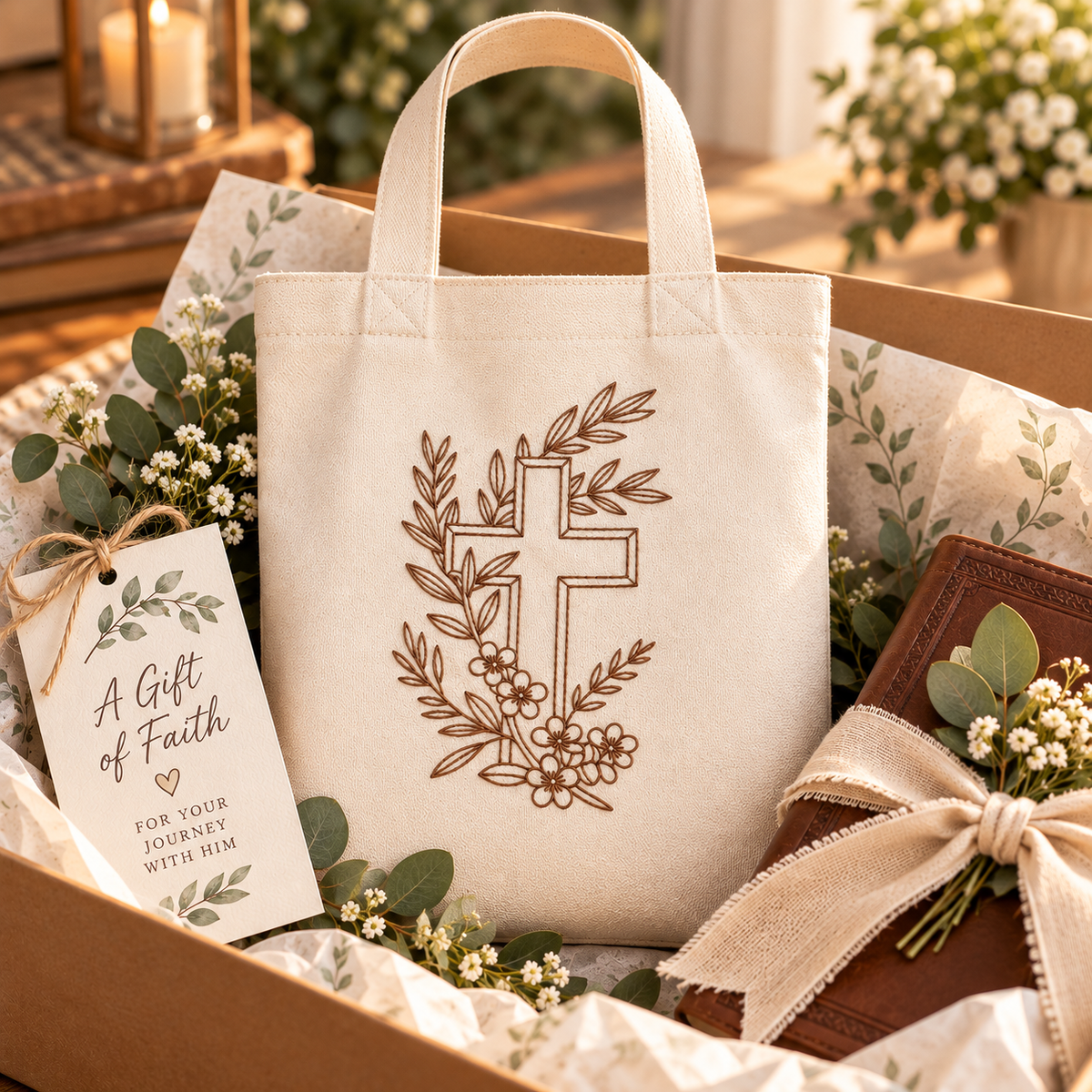 Botanical cross tote styled with a Bible, flowers, ribbon, and gift box; accessories and packaging not included